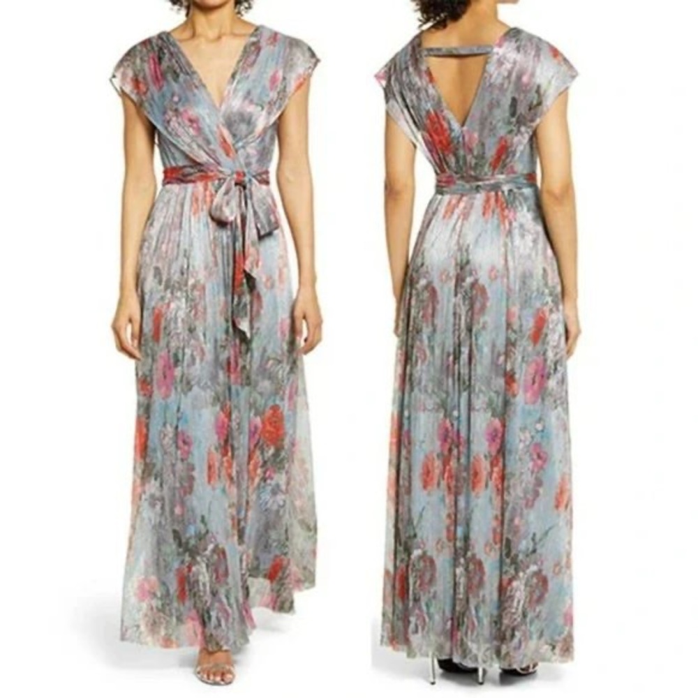 NWT Eliza J Metallic Floral Drape Shoulder Gown (Size 2)